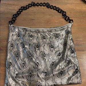 Whiting and Davis Silver Metallic Mesh and Black Peacock Large Shoulder Bag